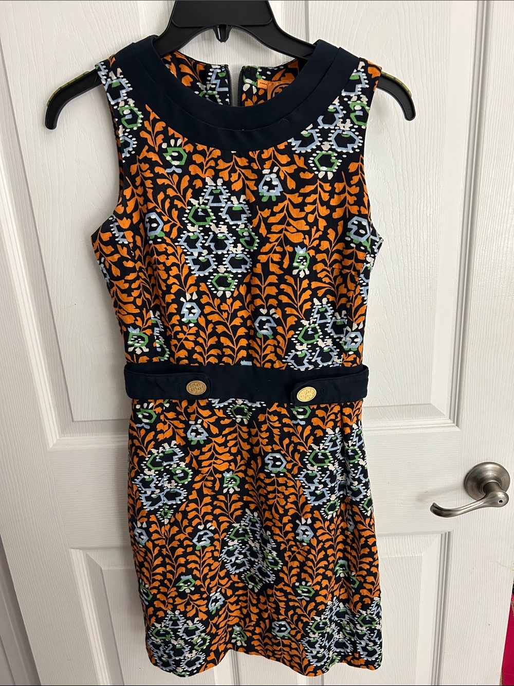 Tory Burch Orange & Navy Printed Linen Dress